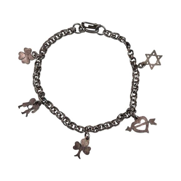 Vintage Sterling Silver Charm Bracelet 7.5" 5 Charms Clover Heart Unique Clasp - Picture 1 of 7